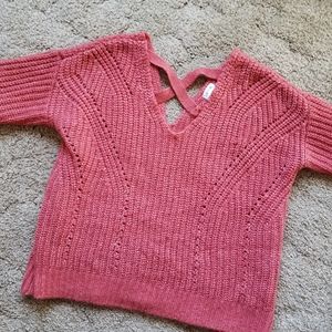 Rosy pink v neck cross back sweater